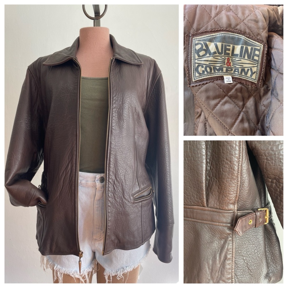 90s Vintage Blueline & Company Brown Leather Zip-Front Jacket Size Medium